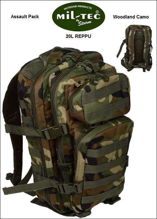 Reppu 20L, Mil-Tec Assault Pack, Woodland Camo väri