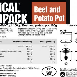 Tactical Foodpack Nauta-perunapata ravintosisältö